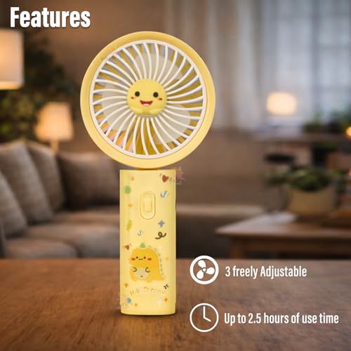 Image of WISHKEY Portable Handheld Mini Fan Cute Dragon Print- USB /Battery Rechargeable, High-Speed Cooling for Travel, Office & Outdoor Use,Rechargeable Fan with 3 Speed Modes- Yellow