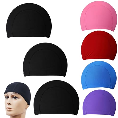 SquEqu 7 Pack Swim Cap Fabric Breathable Swimming Caps Comfort Ultra Thin Elastic Hat for Men Women...