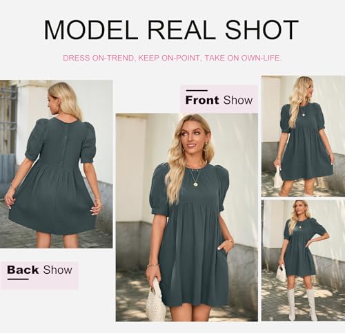 Image of Dokotoo Womens Summer Crewneck Puff Sleeve Babydoll Elegant Empire Waist Mini Swing Skater Dresses with Pockets