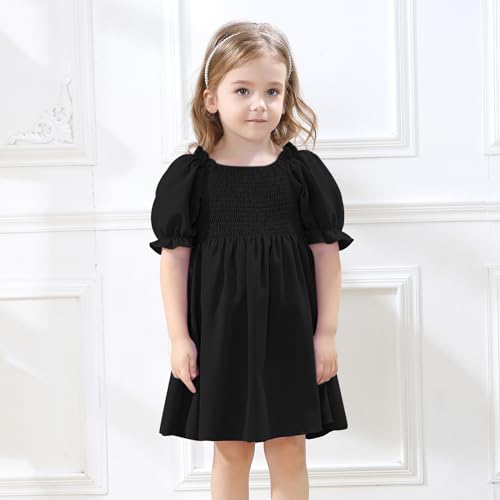 Neutocd Toddler Baby Girl Dress Ruffle Short Sleeve Elastic Solid Square Neck Flared Plain Casual Summer Dresses for Girls3