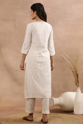 Image of W for Woman Beige Floral Embroidered Cotton Kurta and Pants Set
