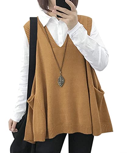 Beaurex Sweater Vest Women Oversized V Neck Sleeveless Sweaters Cable Knit Pullover Tops with Pockets, Sw09 Camel, Large