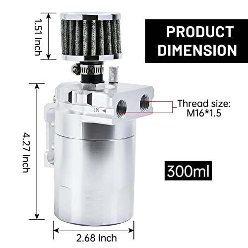 Universal Baffled Oil Catch Can 300Ml Aluminum Polish Oil Separator Catch Can Kit Reservoir Tank With Breather Filter & 3/8" Fuel Line/6 Fittings/Necessary Accessories,Silver #TOP1