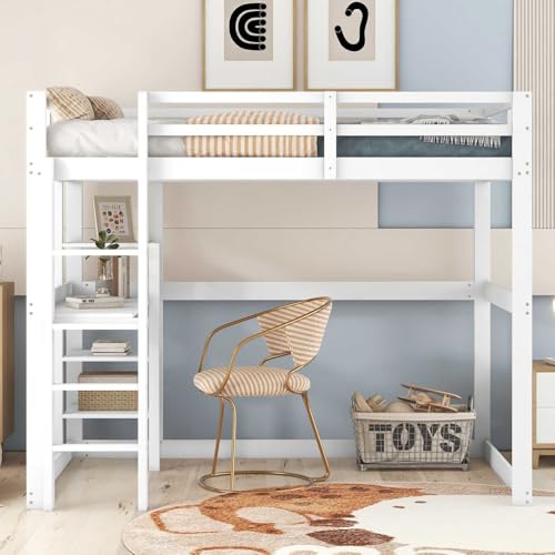 YEHTOKHOME Lit loft Moderne 140x200cm avec Bureau et escalier, Multifonctionnel lit Mezzanine en Bois avec étagères, Garde-Corps et sommier à Lattes(sans...