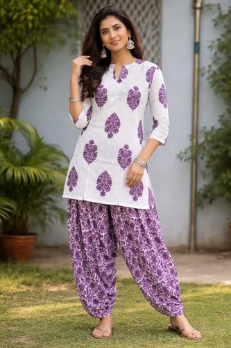 Image of Women's Cotton Floral Print Kurta Patiala Pant Set, White and Purple Traditional Indian Ethnic Wear with Damask Pattern