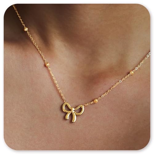 DAYANEY Gold Bow Necklace Dainty 14k Gold Plated Necklace, Bow Jewelry Gold Beaded Choker Necklaces for Woman, Waterproof Pendant Necklace as Cute Ribbon Necklaces with Bowknot Ball for Girls