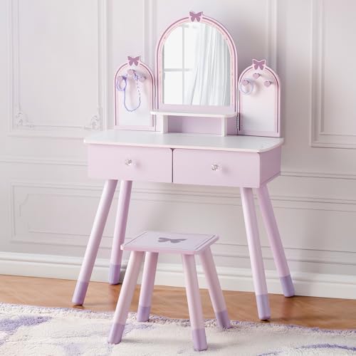 ROBOTIME Purple Kids Vanity Set, Makeup Vanity Desk with Mirror, Chair and Storage Drawers, Little Girl Dressing Table with Stool for Toddlers Ages 3+