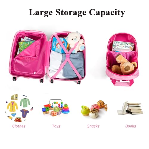 2 PCS Kids Luggage Set, Children Suitcase and Backpack Set with Adjustable Handle and Universal Wheels, Hard Shell Toddler Trolley Case for Travel School (12 + 18 Inch, Pink Mermaid) - Image 3