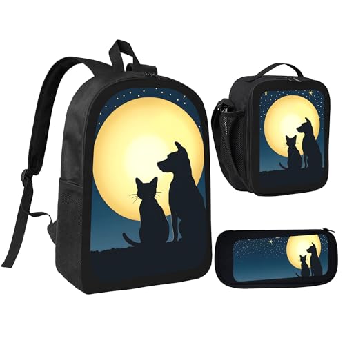 Moon Galaxy Cat Dog Large 3-Piece Backpack Set with Insulated Lunch Box & Pencil Case Waterproof 17 Inches Backpacks Bag Back Packs Pencil Pouch Lunch Bag for Men Women 3 Pcs (Black)