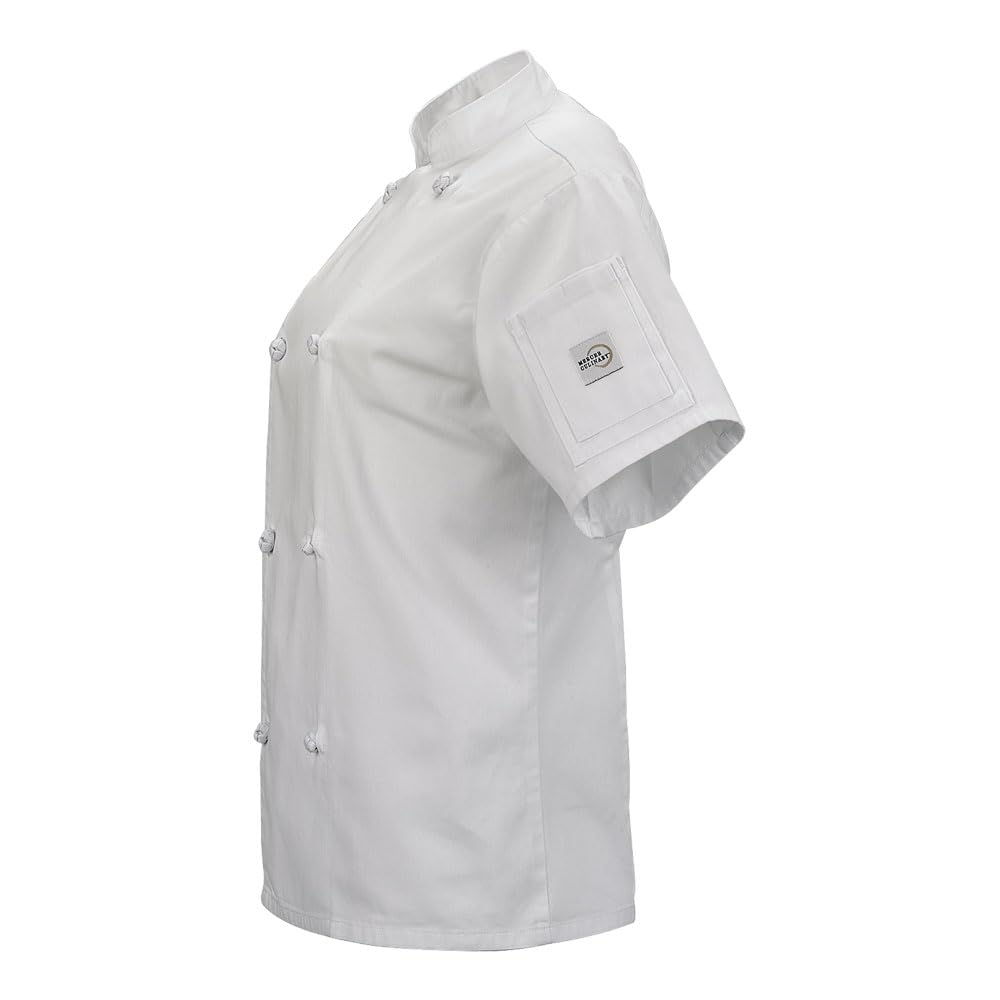 Mercer Culinary Genesis Women's Short Sleeve Chef Jacket with Cloth Knot Buttons