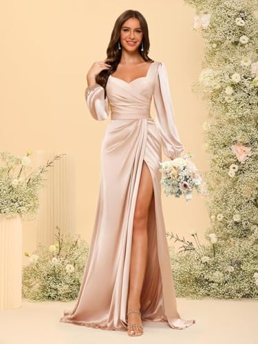 Dessiny V Neck Satin Bridesmaid Dresses for Women with Slit Lantern Sleeves Pleated Maxi Formal Evening Dress DE2144