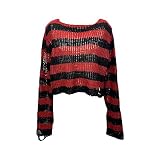 Women's Round Neck Pullover Sweaters Classic Striped Color Block Ripped Knitted Tops Crochet Long Sl