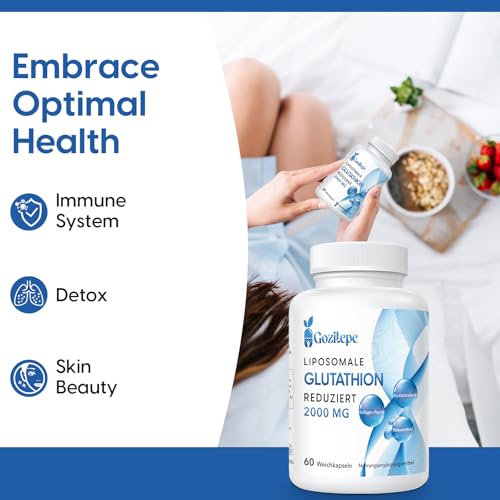 Liposomales Glutathion reduziert 2000mg pro Portion | Glutathion Ergänzung mit Hyaluronsäure + Kollagenpeptid + Resveratrol | 10x bessere Absorption (60 Stück (1er-pack))