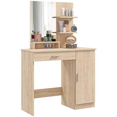 HOMCOM Mesa de Maquillaje con Armario con Puerta, Cajón, Espejo de Maquillaje y Estantes Abiertos, Mesa de Aseo de Aglomerado para Dormitorio, 90x38x138 cm, Color Arce