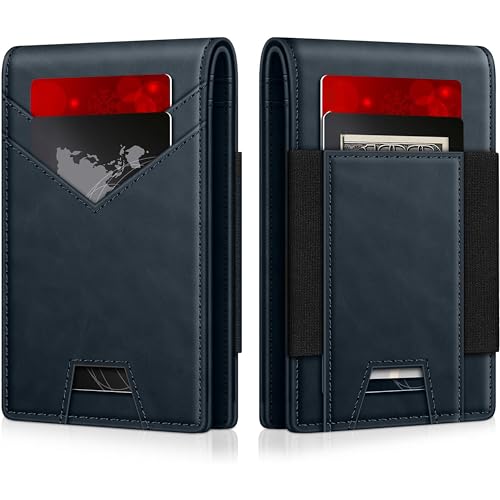 Image of Contacts Slim Leather Bifold for Men | RFID Blocking Card Holder with ID Window | Holds 13-17 Cards, Large Cash Slot | Thin Minimalist Front Pocket Design | Gift for Men (Blue)