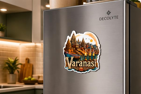 Image of Varanasi Temple Theme Wooden Fridge Magnet Souvenir | 3x3 in Kitchen Home Decor Gift