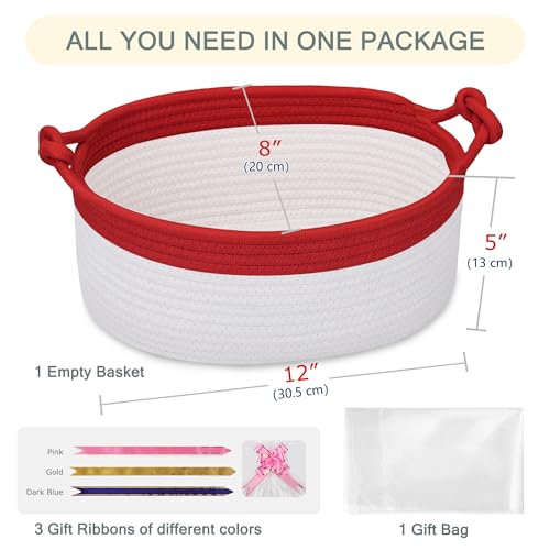 Image of COMSE Small Gift Basket Empty with Bag & Ribbons, Red & White