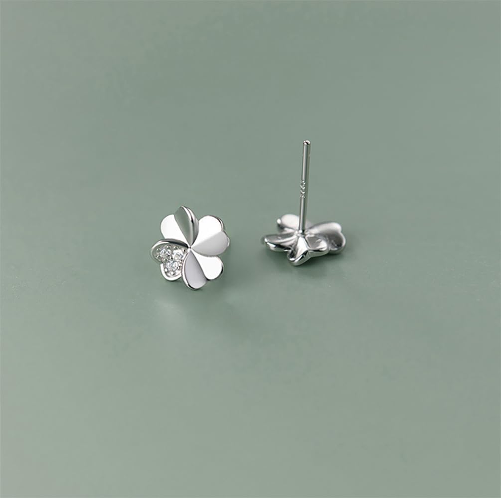 Reffeer Solid 925 Sterling Silver Clover Leaf Stud Earrings for Women Teens CZ Clover Stud Earrings Shamrock Earrings Spring