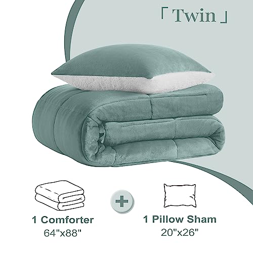 Basic Beyond Twin Comforter Set - Micromink Fleece Sherpa Comforter For Twin Bed, Soft And Warm Twin Bedding Comforter Set For Girls And Boys In Winter,Green, 64"X88" #TOP5