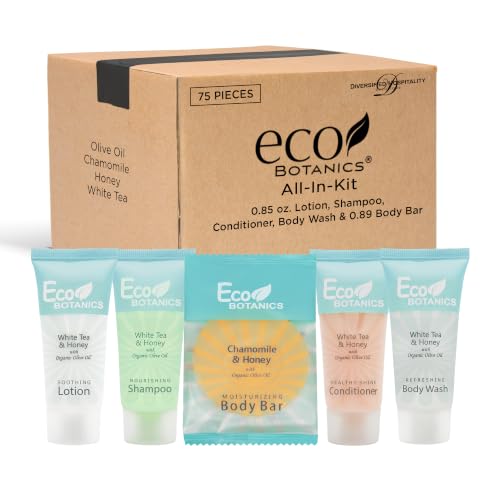 Travel Size Hotel Toiletry Set 75 Count 0.85 oz Bottles Guest Amenities for Airbnb Vacation Rentals and Short Term Rentals Paraben Free White Tea Scent Infused with Aloe and Olive Oil by Eco Botanics
