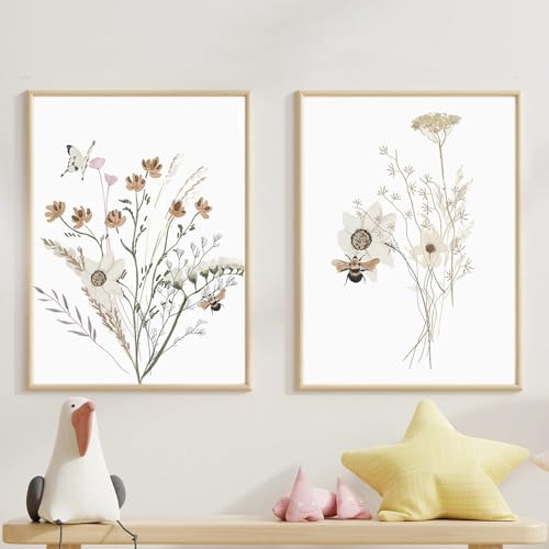 Pósteres de flores silvestres, lienzo neutro, pintura de acuarela floral, arte de pared, imágenes impresas, decoración del hogar para dormitorio y sala de estar (40 x 55 cm, 2 unidades)