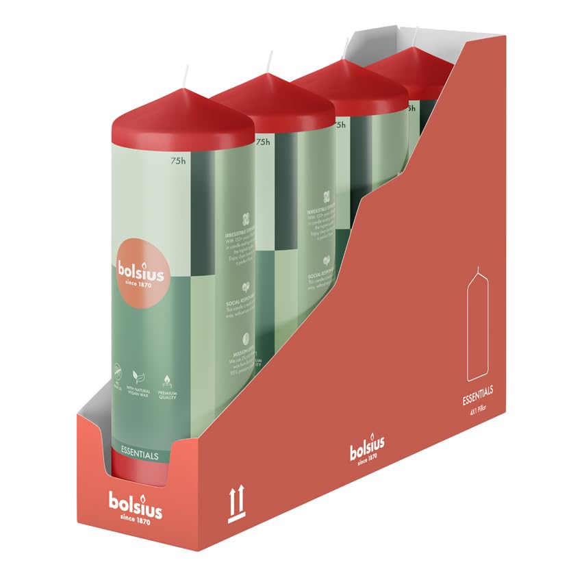 Bolsius Lot de 4 bougies piliers lisses - Rouge bordeaux - 15 x 6 cm - Bougies décoratives ménagères - Longueur de combustion : 42 heures - Non parfumées - Contient de la cire végétale naturelle