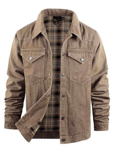 Image of Men's Denim Jacket Lined Flannel Plaid Vintage Cowboy Cut Western Classic Trucker Motorcycle Snap Fall Long Sleeves