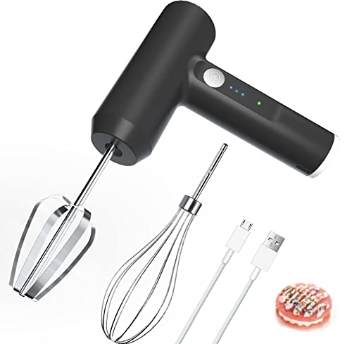 Cordless Hand Mixer, LHBD Electric Whisk Lightweight Portable Handheld Electric Mixer with Turbo Boost/ 3 Speeds Self-Control, Stainless Steel Beaters & Balloon Whisk, for Whipping, Cookies, Cakes, Batters