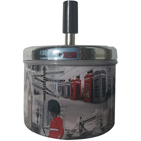 Condello Casa Smokeless Metal Tin Push Down Ashtray for Cigarettes Cigars With Spinning Tray Lid Covered Portable Ash Tray Bucket for Home Tabletop,Patio,Sand,Car,Auto,Outdoors,Indoors (British 2) Cover