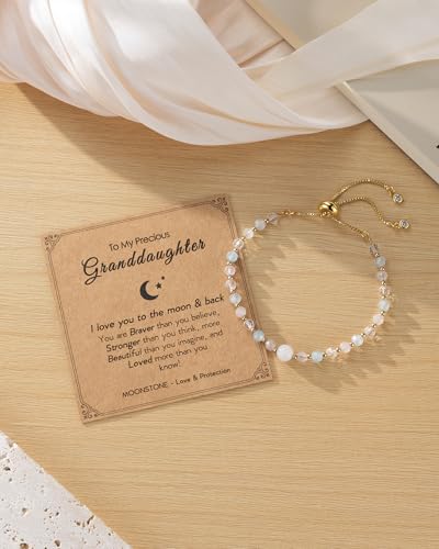 Image of HGDEER Love You to the Moon and Back, Moonstone Bracelet Gift for Her | Moonstone Rose Quartz Aquamarine & Clear Quartz, Adjustable 10.2 in, Quote Card & Velvet Pouch for Daughter Niece