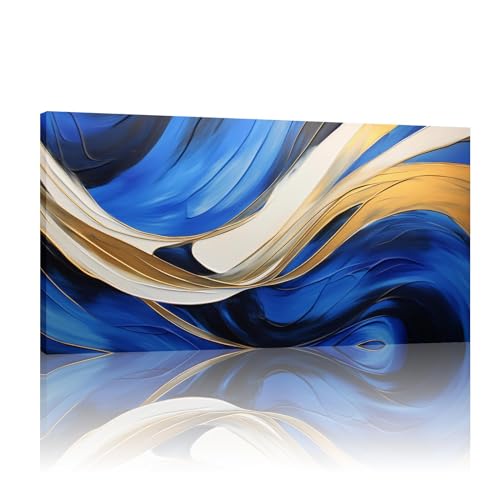 Art mural abstrait bleu marine et or 80x160 cm pour salon