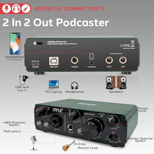 Image of Pyle USB Audio Interface for Recording Music, Podcasting, and Streaming - 2-IN /2-OUT, 24bit /192kHz, Low-Noise, High-Fidelity Studio Quality, USB Powered, Rugged Metal Chassis, 5.9 inch x 4 inch x 1.8 inch