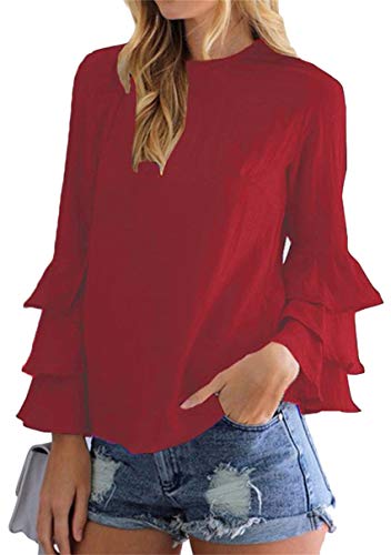 TYQQU Blouses for Womens Ruffle Chiffon Tops Solid Color Shirts Fall Long Sleeves Tops Red 3XL