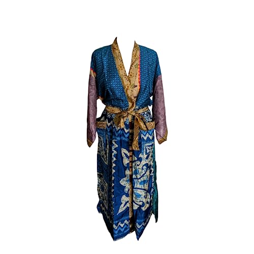 Kimono indien en soie naturelle fait main 125 cm bleu turquoise chic