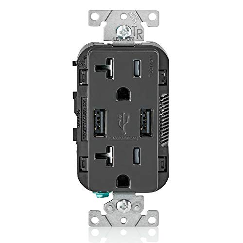 Leviton T5832-B Type-A USB in-Wall Charger with 20A Tamper-Resistant Outlet, USB Charger for Smartphones Black