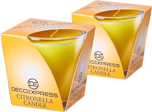 Deco Express Candele Citronella Set, Antizanzare da Esterno Candele Profumate Confezione da 2 o 4, 30 Ore di Durata (Giallo, Confezione da 2)