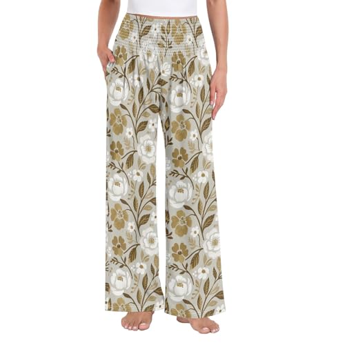 Pantalon palazzo à fleurs blanches idéal pour le yoga et les sorties décontractées