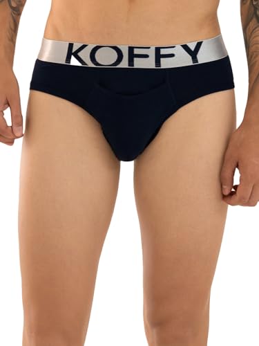 Image of KOFFY Men's Premium Cotton Lycra Brief with Minus Cutting Pouch| Silver Metallic Elastic| 4 Way Stretch| Wrinkle Free| Pack of 1