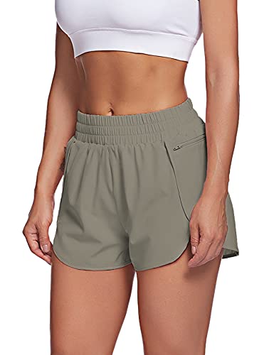 LaLaLa Womens Casual Elastic Waist Shorts with Zip Pocket Running Shorts Gym Athletic Shorts with Liner (S, Sage Green)