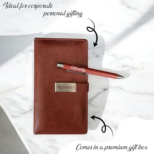 Image of SAVRI Personalized Leather Diary & Engraved Pen - Custom Name Executive Notebook with Employee Name & Company Logo - Non-Dated, Joining Kit, Corporate Gift, Office, Travel & Birthday Gift (Brown)