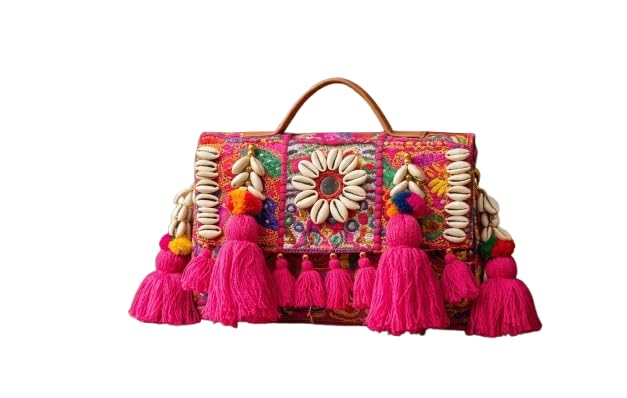 Handcrafted Embroidered Cotton Fabric Clutch Bag for Women | Ethnic Tassel Handbag with Decorative Shell Work | Party & Festive Purse (Pink color & multi design)-image-39