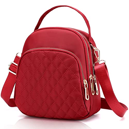 Red Multi Pocket Backpack for Women Convertible Nylon Quilted Shoulder Bag Travel Backpack with Adjustable strap for Girls Crossbody Purses Cross Body Phone Purse