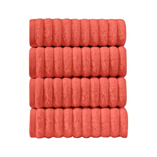 Image of Elegant Comfort Luxury 100% Turkish Cotton Corduroy Ribbed 4 Pack Hand Towel Set 16 x 28 Inch - Absorbent, Super Soft, Quick Dry, Premium Towels for Bathroom, Gym, Spa and Hotel Use, Coral