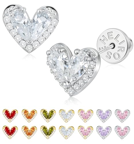 Helirose Heart Stud Earrings for Women, S925 Sterling Silver Posts 14K Gold Plated Hypoallergenic, Gift Box & Message Card (White-Silver)