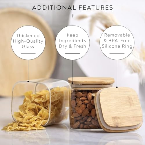 Image of Glass Food Storage Containers with Airtight Bamboo Lid, Coffee Storage Jars for Home Kitchen, Pantry Tea, Spices, Snack (SQUARE 750 ML JAR, SET OF 6)