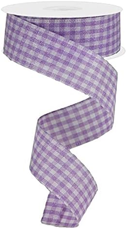 Glitter on Woven Gingham Check Wired Edge Ribbon, 10 Yards (Lavender, White, 1.5 Inch)