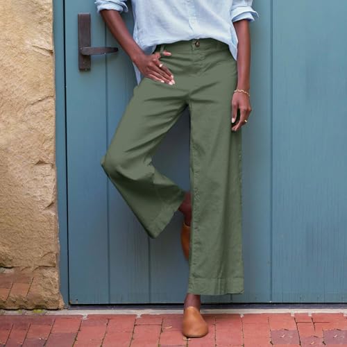Womens Wide Leg Linen Pants Elastic High Waist Cropped Pants Summer Business Casual Work Pants with Pockets3