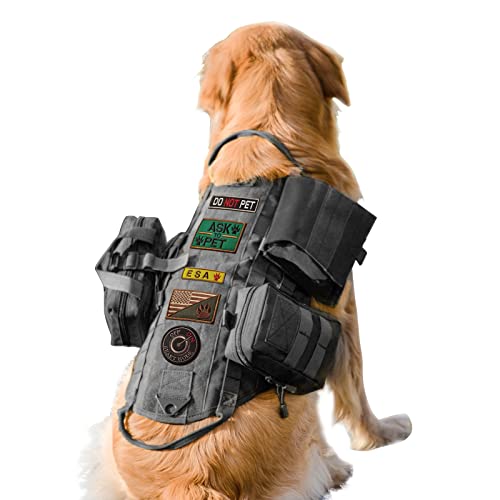 AIWAI Tactical Dog Harness with Pouches,Dog Vest Harness for Large Medium Dogs No-Pull Adjustable Military Dog Harness with Handle Walking Hiking Training (Black, XL)