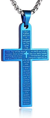 HZMAN Stainless Steel Mens Womens Cross Necklace Lord's Prayer Pendant, 4 Colors Available (Blue)