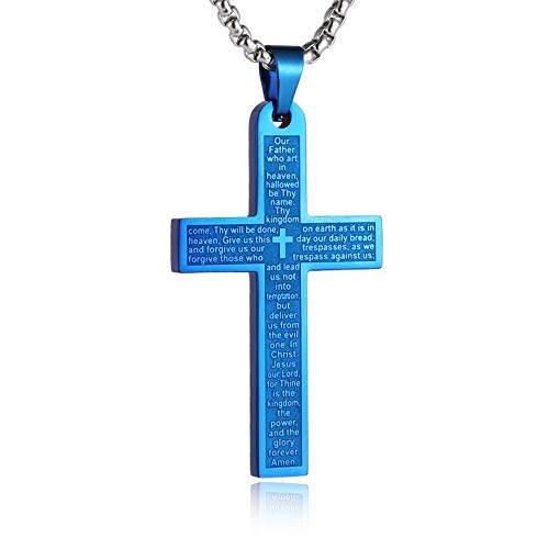 Hzman Stainless Steel Mens Womens Cross Necklace Lord's Prayer Pendant, 4 Colors Available (Blue) #TOP29